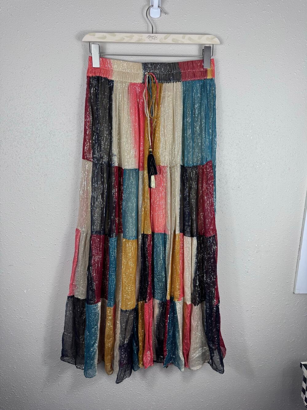 Z&L Europe Patchwork Maxi Boho Skirt with shimmering lurex Stripes Size Medium